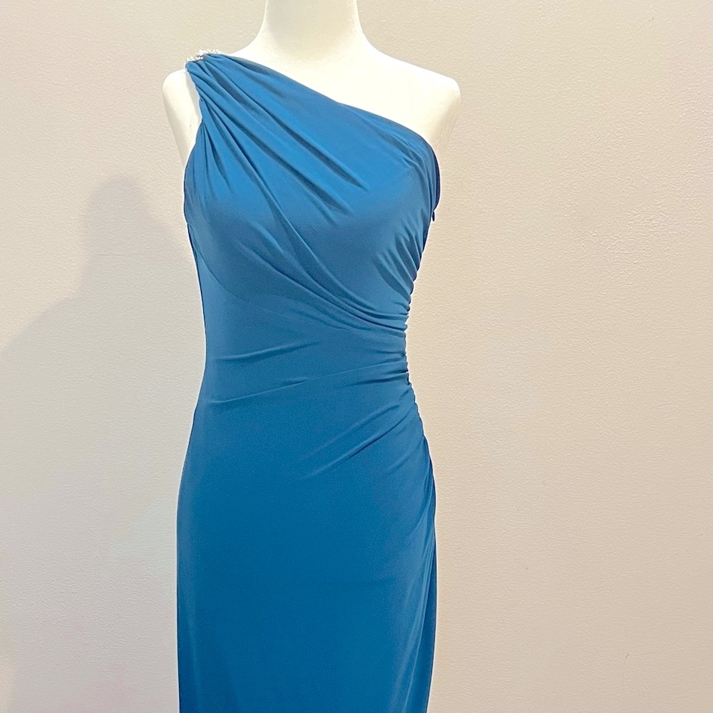 Deep Teal Blue One-shoulder Cocktail Dress w/ Jewel Accent, Side Ruched Size 4